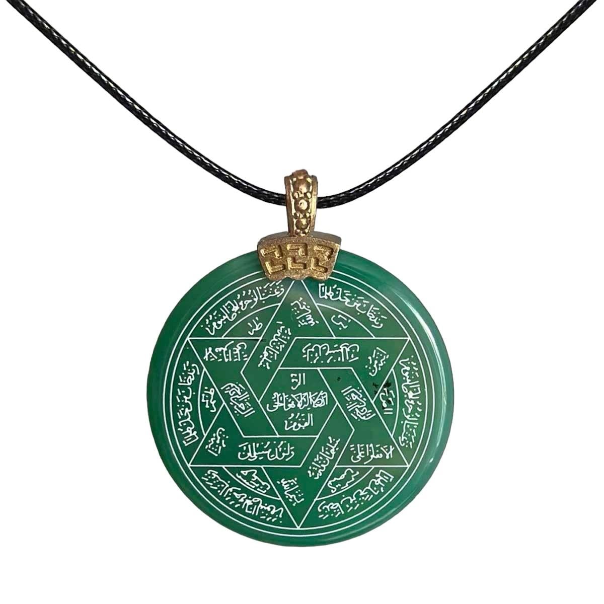 Süleyman Mührü İsmi Azam Yazılı Yeşil Akik Taşı Kolye