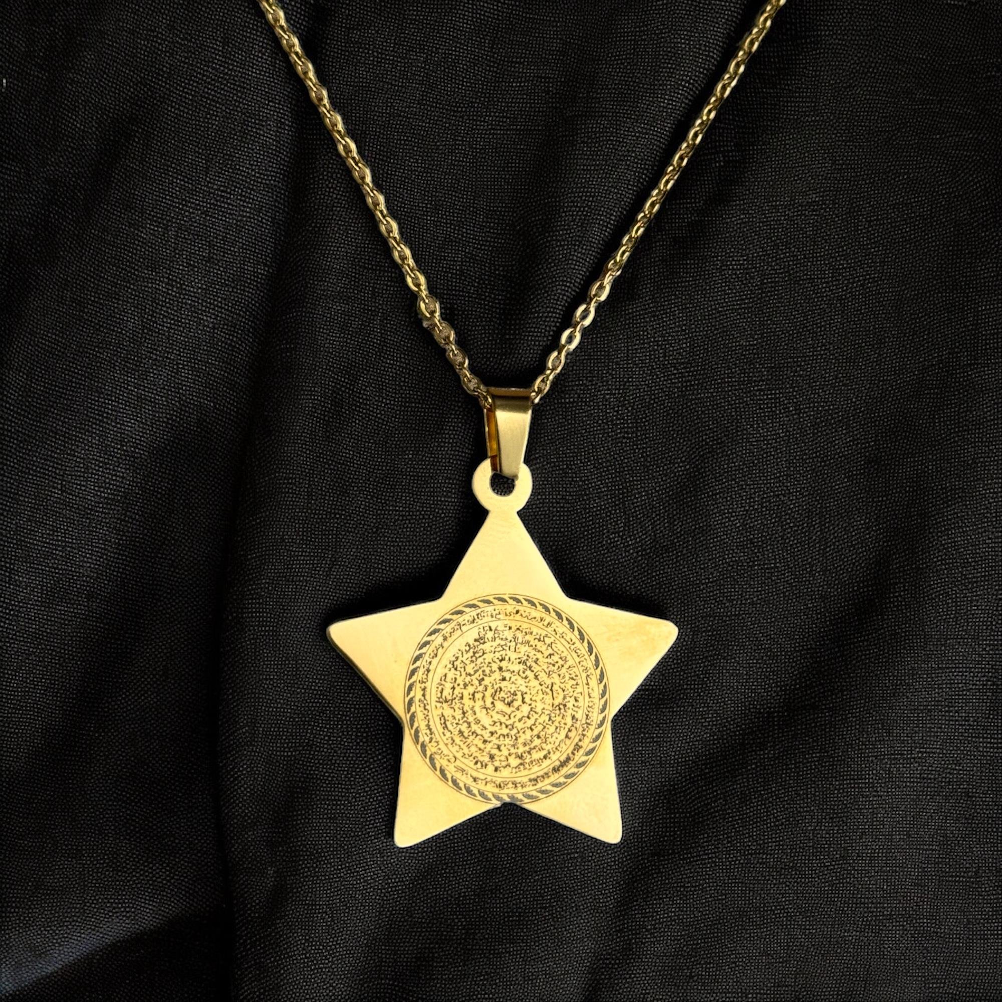 Yıldız Mührü Süleyman ve Name-i Peygamber Altın Kaplama Titanyum Çelik Kolye (PASLANMAZ-KARARMAZ)
