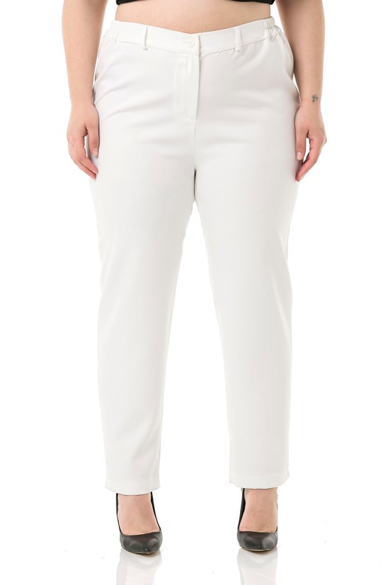 Plus Size White Trousers with Elastic Waist Sides Zippered Leg Slits