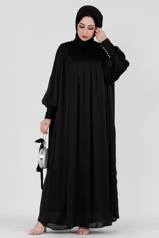 Black Modest Evening Gown with Detailed Cape and Pearl Sleeves.