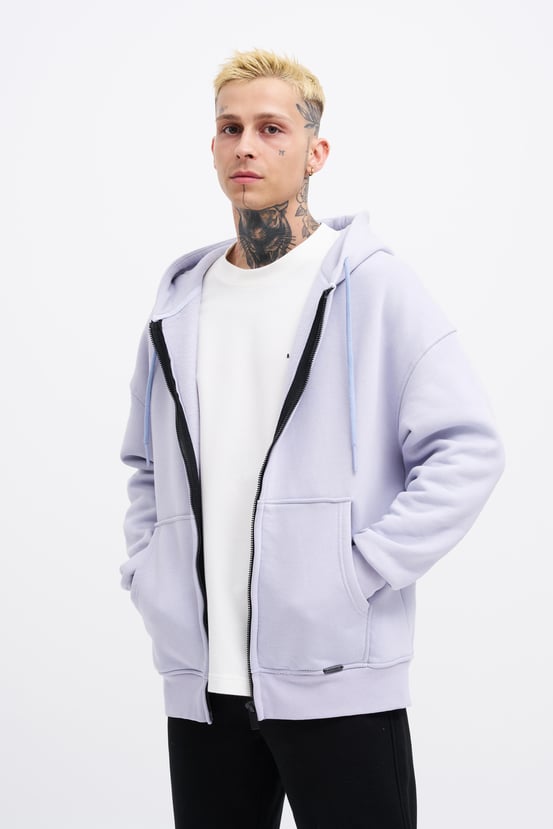 Erkek Basic Fermuarlı Cepli Kapüşonlu Oversize Açık Lila Sweatshirt