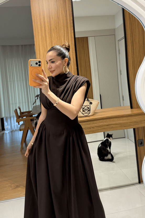 Adios Kahve Belden Oturtmalı Astarlı Elbise