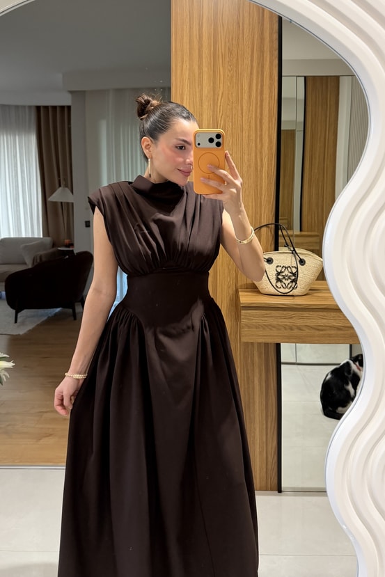 Adios Kahve Belden Oturtmalı Astarlı Elbise