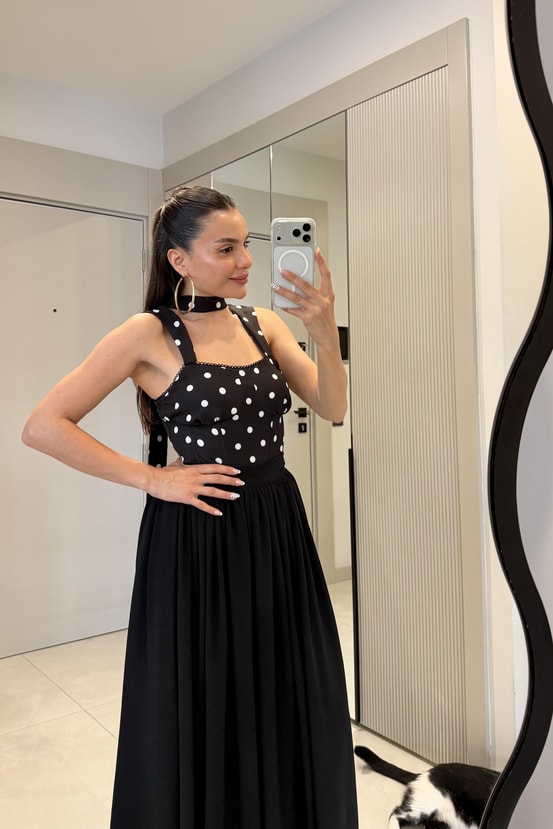 Adrea Siyah Puantiyeli Şallı Büstiyer