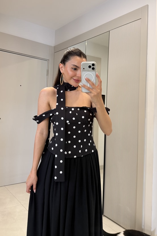 Adrea Siyah Puantiyeli Şallı Büstiyer