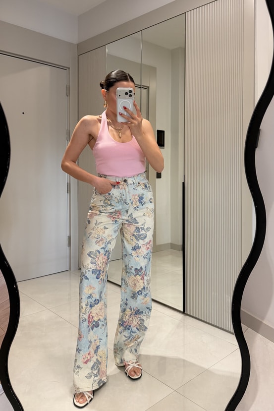 Almeida Bebe Mavi Çiçek Desen Yüksek Bel Jean