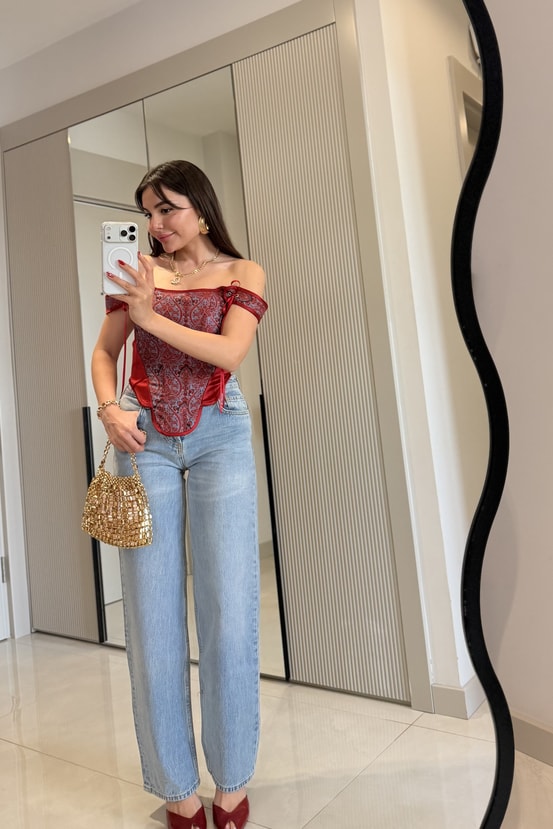 Aloha Kırmızı Saten İşlemeli Büstiyer