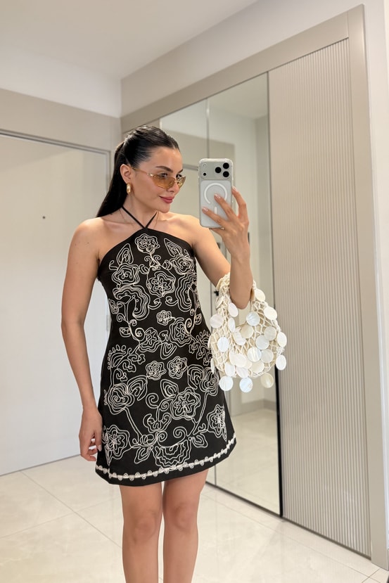 Amanda Kahve Nakışlı Premium Elbise