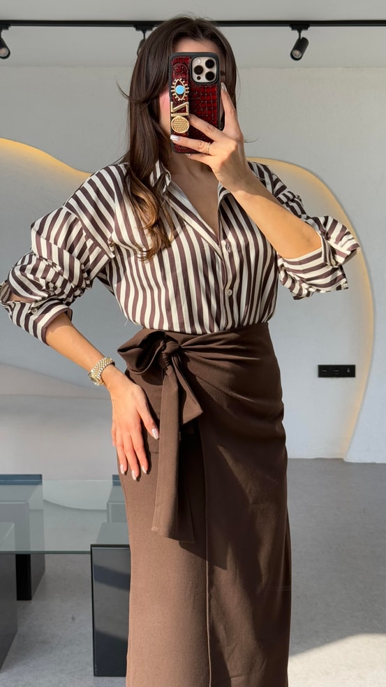 Andrej Kahve Şeritli Gömlek