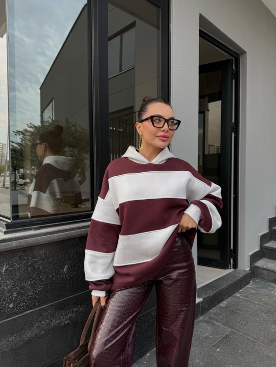 Anoly kapüşonlu çizgili bordo sweat