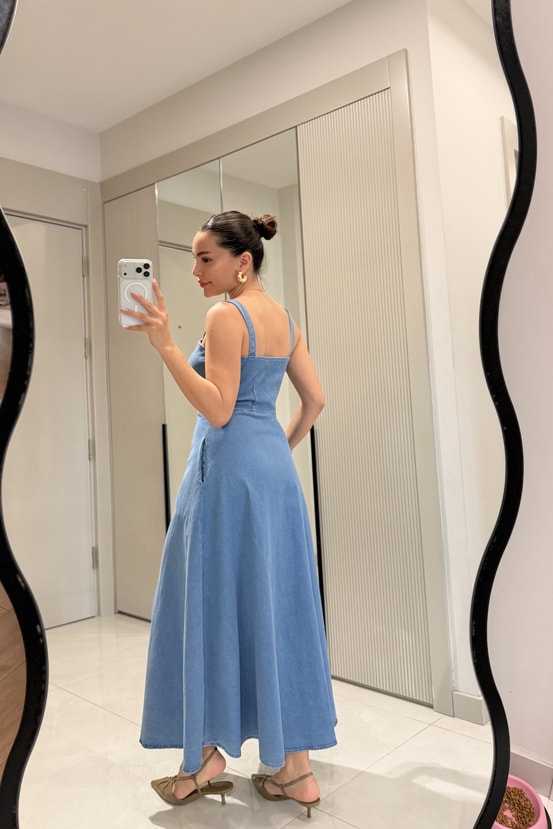 Artica Lightblue Kalın Askılı Fermuarlı Denim Elbise