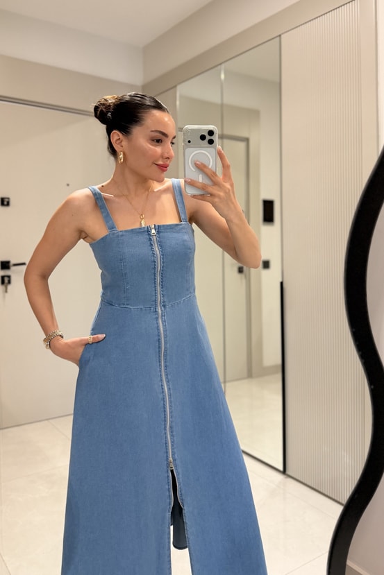 Artica Lightblue Kalın Askılı Fermuarlı Denim Elbise