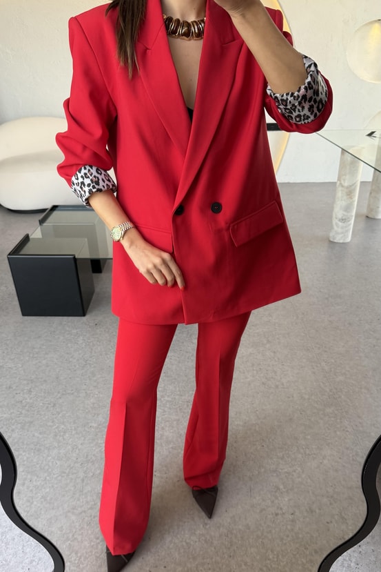 Aspera Kırmızı Leopar Astarlı Blazer