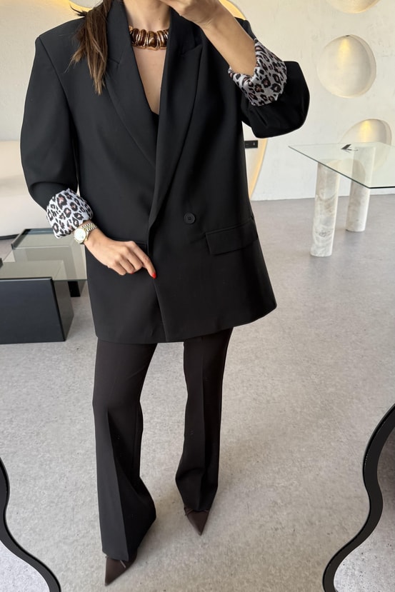 Aspera Siyah Leopar Astarlı Blazer