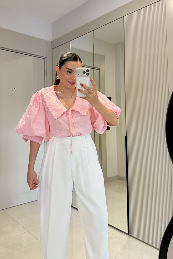 Aysha Pembe Bebe Yaka Brode Gömlek