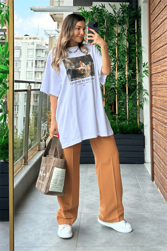 Baskılı oversize beyaz tshirt