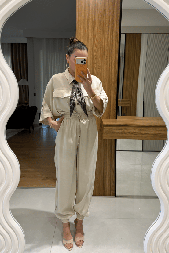 Bielle Bej Atlı Lastikli Pantolon