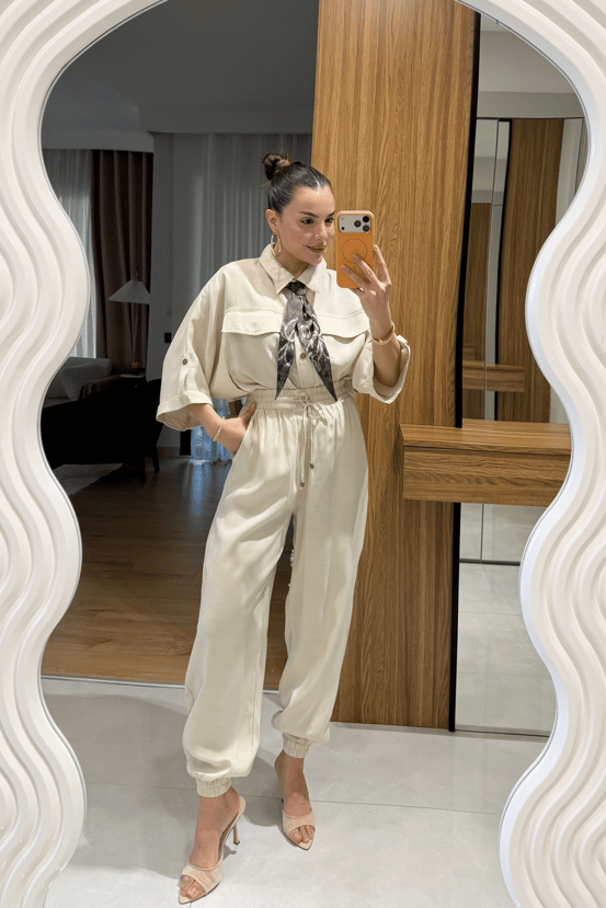 Bielle Bej Atlı Lastikli Pantolon