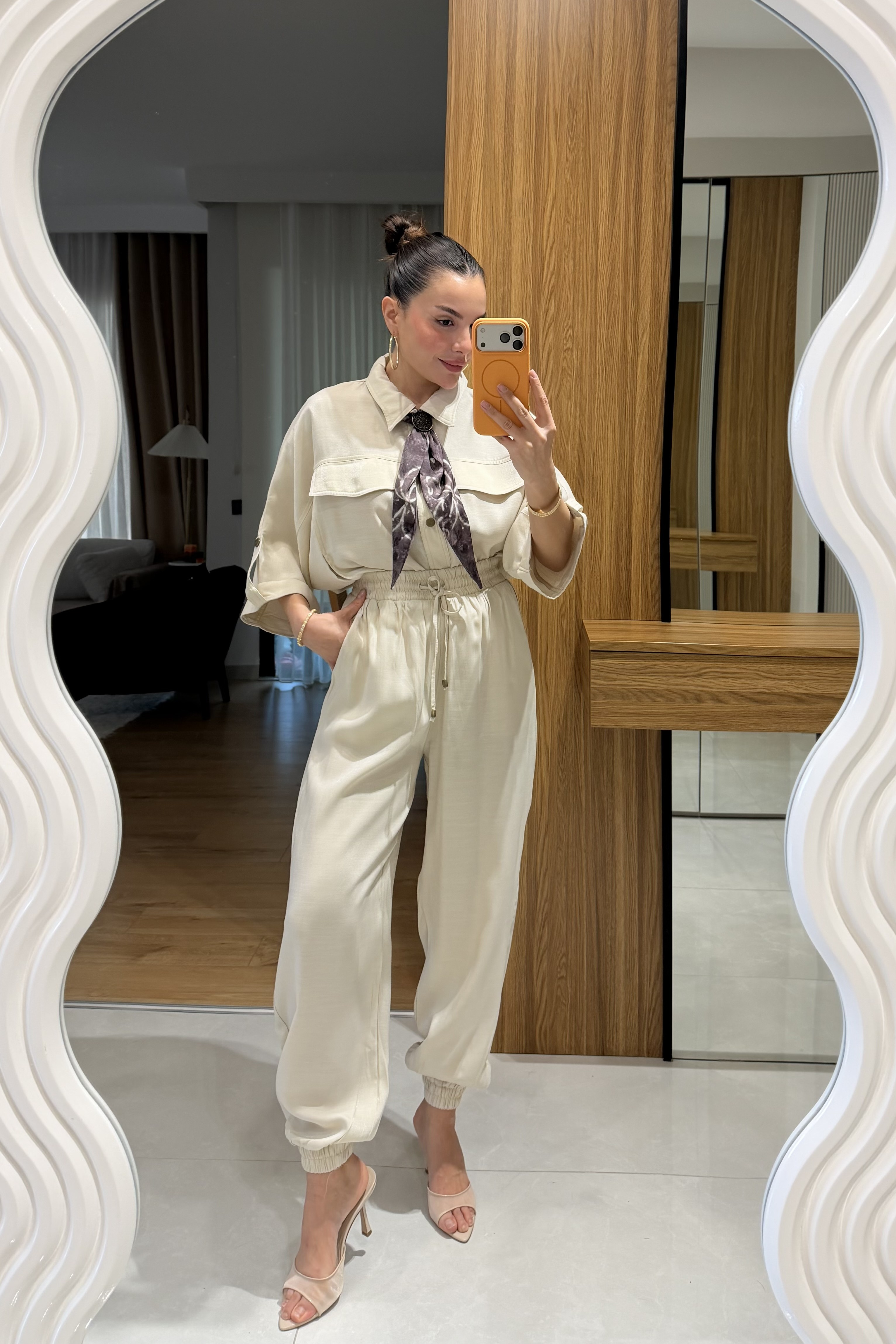 Bielle Bej Atlı Lastikli Pantolon