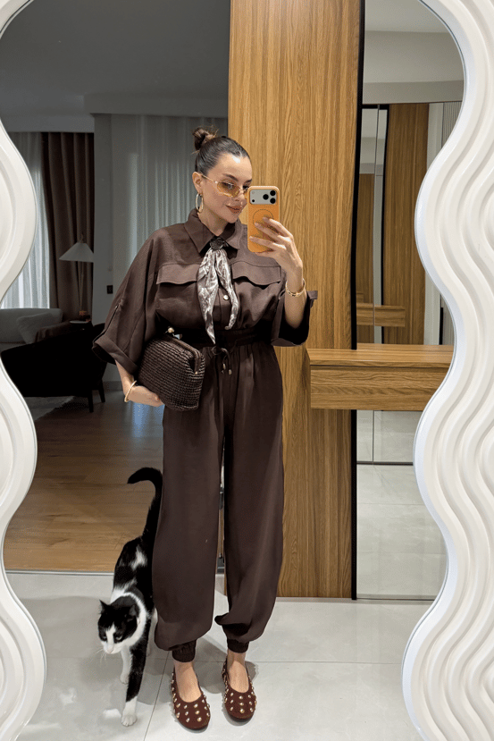 Bielle Kahve Atlı Lastikli Pantolon