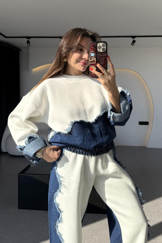 Blake Beyaz Dalga Desen Şardonlu Denim Takım