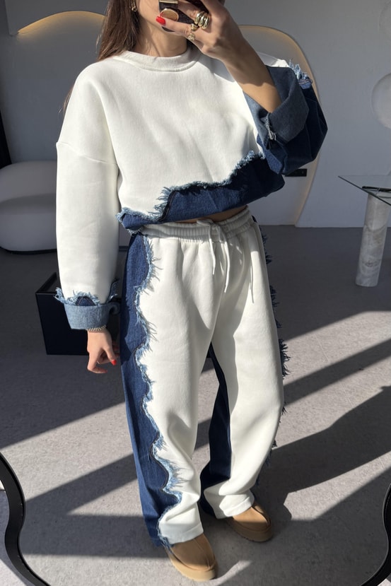 Blake Beyaz Dalga Desen Şardonlu Denim Takım