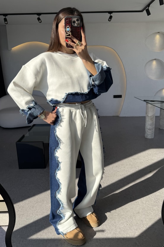 Blake Beyaz Dalga Desen Şardonlu Denim Takım