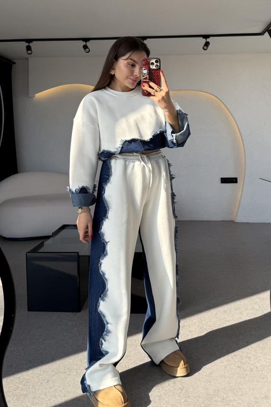 Blake Beyaz Dalga Desen Şardonlu Denim Takım