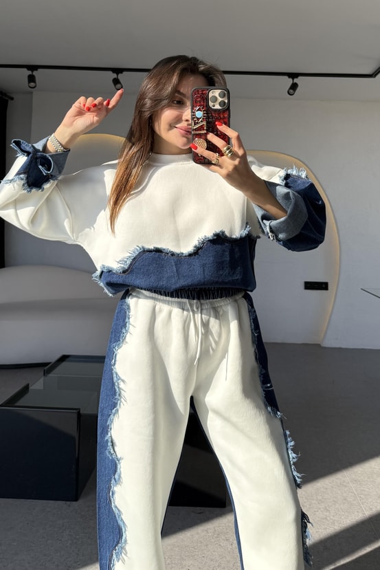 Blake Beyaz Dalga Desen Şardonlu Denim Takım