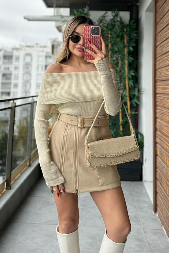 Bottom Sim Dokulu Düşük Yaka Triko - Krem