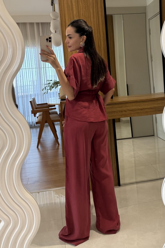 Bronte Bordo Önü Fermuarlı Bel Bağlamalı Takım