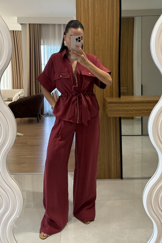 Bronte Bordo Önü Fermuarlı Bel Bağlamalı Takım