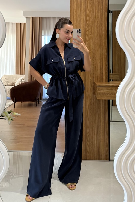 Bronte Lacivert Önü Fermuarlı Bel Bağlamalı Takım
