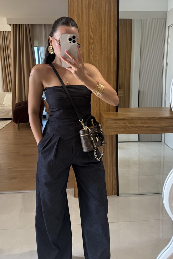 Calvados Straplez Denim Takım