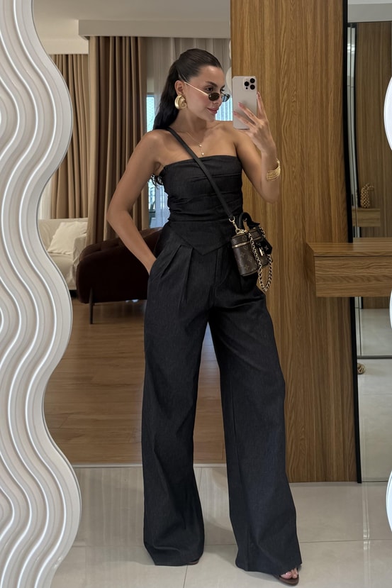 Calvados Straplez Denim Takım