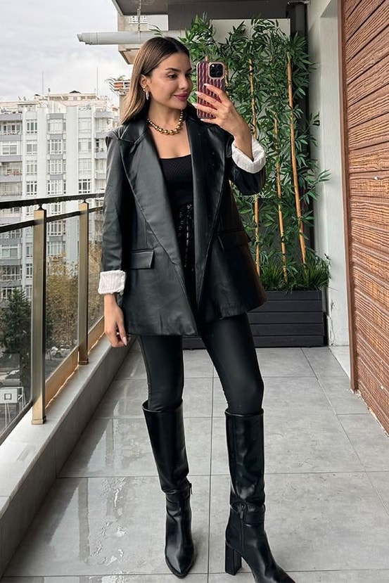 Cetta Siyah Deri Blazer Ceket