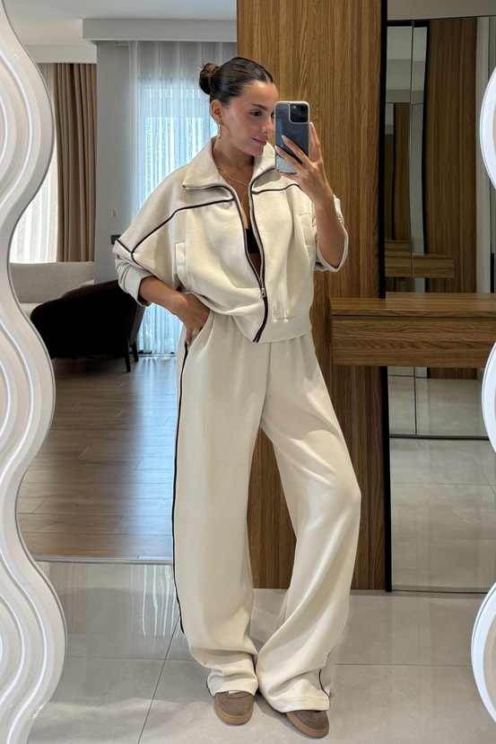 Cheva Siyah Biyeli Ekru Oversize Eşofman Takımı