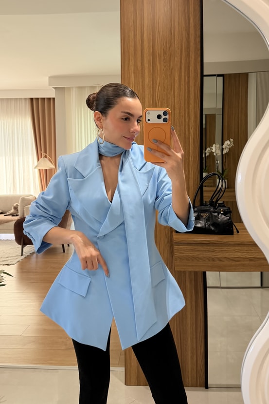 Classy Mavi Şal Detaylı Blazer 