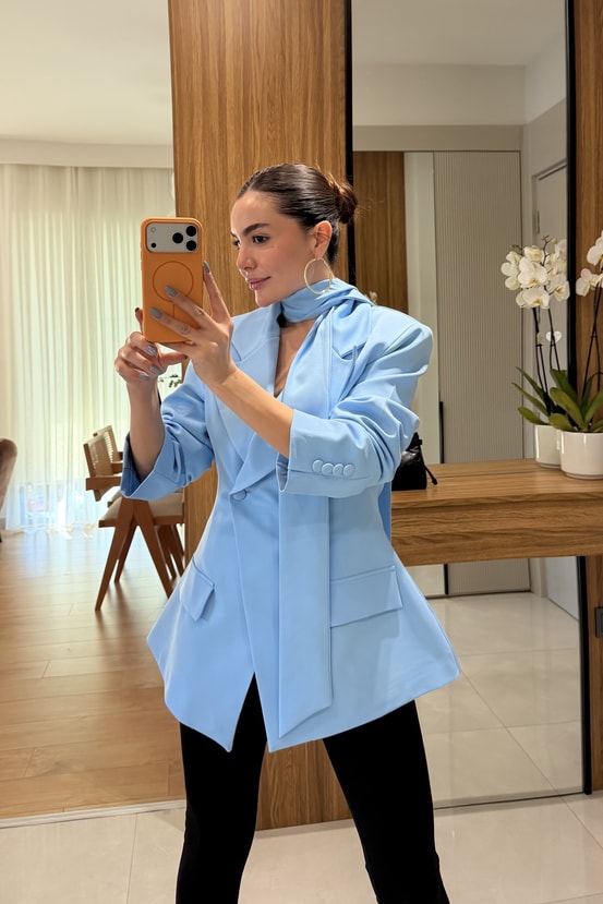 Classy Mavi Şal Detaylı Blazer 