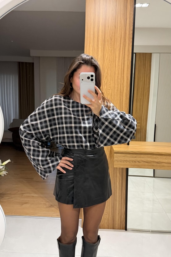 Coren Siyah Ekose Bluz