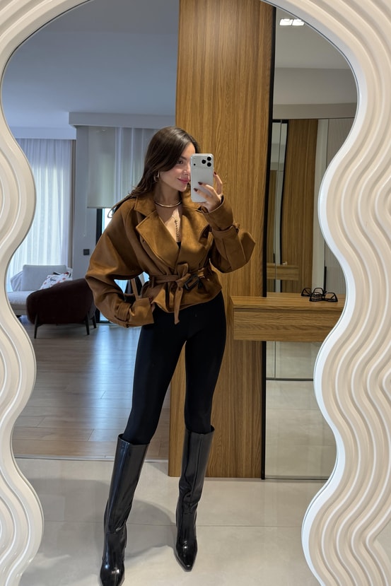 Daffy Taba Süet Kuşaklı Ceket 