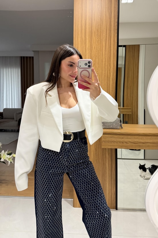 Denhaag Beyaz Premium Vatkalı Mini Ceket