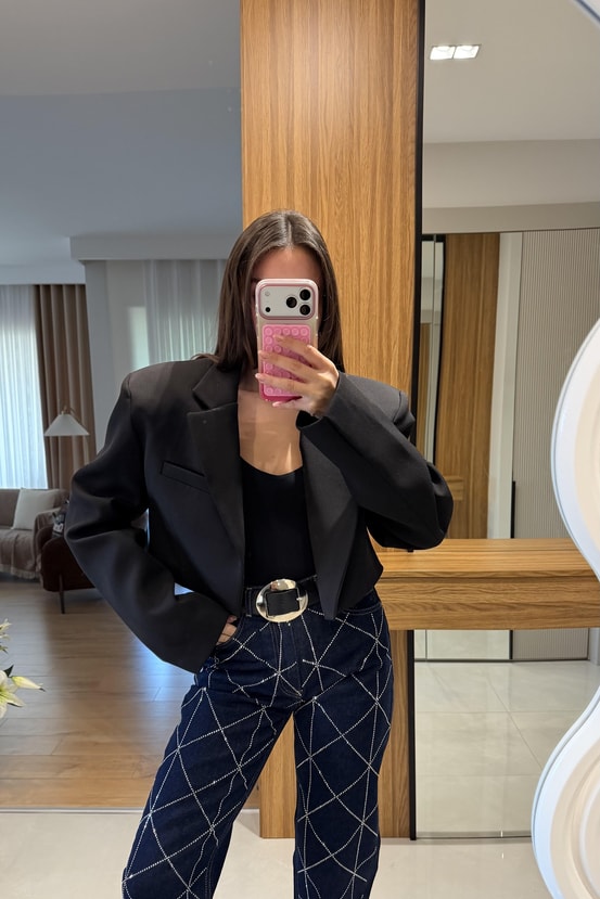 Denhaag Siyah Premium Vatkalı Mini Ceket