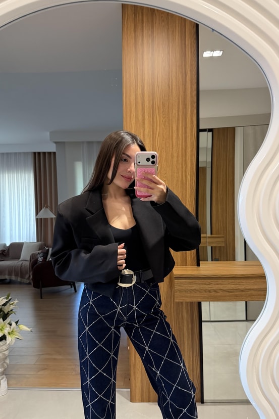 Denhaag Siyah Premium Vatkalı Mini Ceket