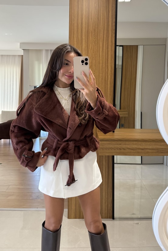 Devida Kiremit Kemerli Peluş Ceket