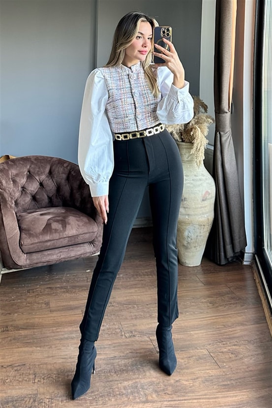 Dikiş detaylı siyah dar paça pantolon