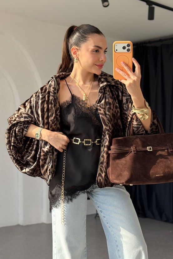 Emily Leopar Kadife Bomber Ceket