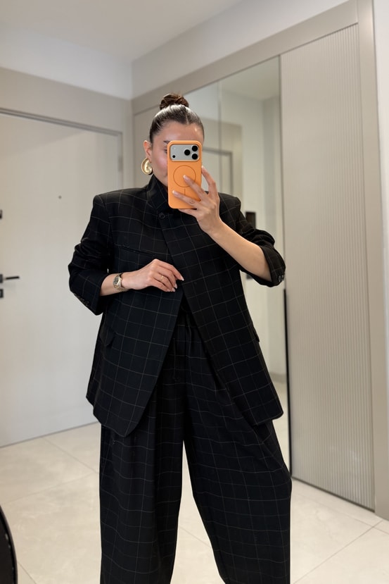 Evania Siyah Ekose Desenli Premium Blazer Ceket