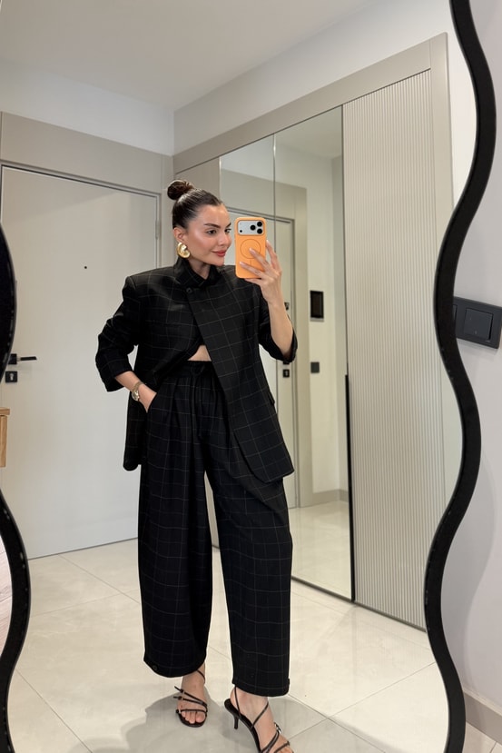 Evania Siyah Ekose Desenli Premium Blazer Ceket