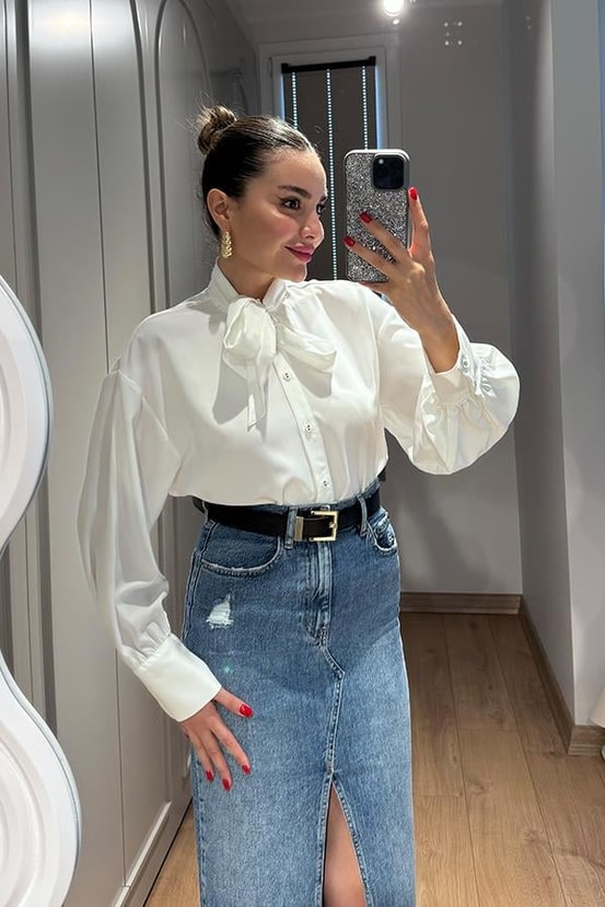Evelyn Boyundan Bağlamalı Beyaz Gömlek